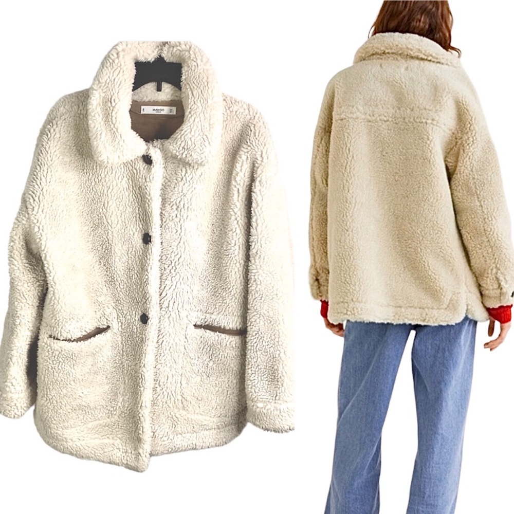 Mango Faux Shearling Fur Inside Suede Style Lined Teddy Coat Ecru Cream Medium